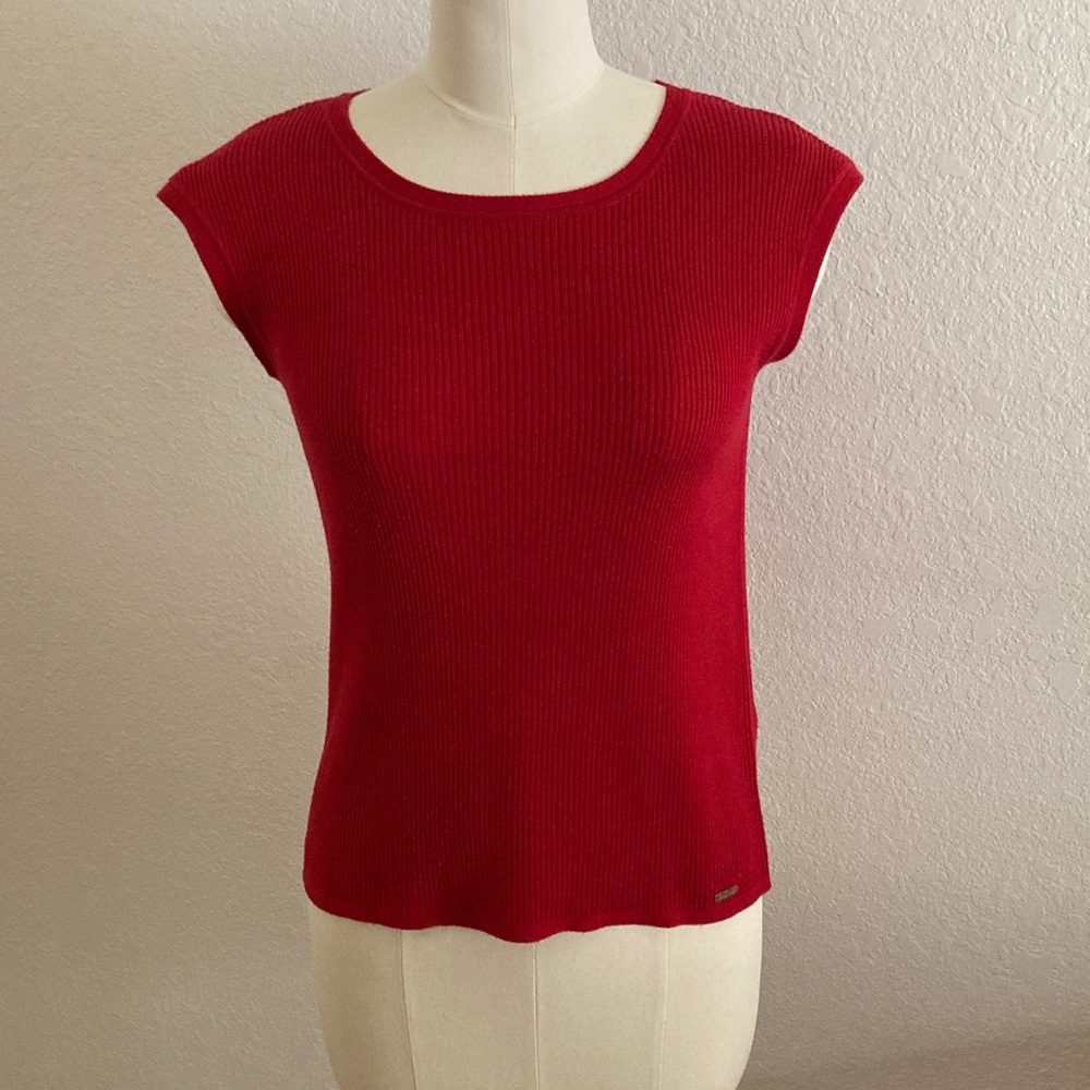 Calvin Klein Red Fitted Cap Sleeve Knit Top